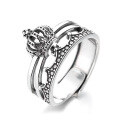 wholesale S925 Sterling Silver Vintage Antique Finish Double-Layer Hollow Crown Design Minimalist Niche Open Adjustable Ring for Women-0-4