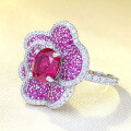 wholesale S925 Silver Pigeon Blood Red Flower Ring with Rose Petals, Fashionable and Versatile Luxury Setting, New Release-0-1