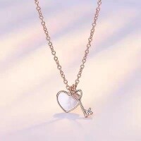 wholesale S925 Sterling Silver Mother-of-Pearl Heart Key Pendant Necklace for Women, Fashion Minimalist Niche Design Collarbone Chain Gift for Best Friend-Heart Key Necklace 925 Silver