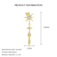 wholesale S925 Sterling Silver French-style Star And Moon Micro-inlaid Earrings With Tassel Necklace For Cross-border Wholesale-E4693-Gold/Pair 925 Silver