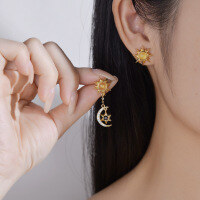 wholesale Metal material European and American hit obsidian star moon necklace sun moon asymmetrical earrings for women, niche high-end retro luxury jewelry-xb209--Asymmetrical star and moon earrings (gold)