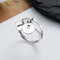 wholesale S925 Sterling Silver Creative Double-layer Lock Cross Pendant Choker Ring, Da Dong Men Korean Internet-famous Ring-350FJ/approx. 2.9g Opening adjustable