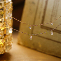 wholesale S925 Sterling Silver Plated 14K Gold Japanese Light Luxury Ins Stackable Sparkling Small Diamond T Square Collarbone Chain Fringe Necklace-Round Diamond Clavicle Necklace 925 Silver