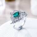 wholesale S925 Silver Cross-border Custom Feather Cultivated Emerald Index Ring European and American Style Cultivated Colored Gemstone Ring Wholesale-0-3