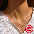 wholesale S925 Sterling Silver Geometric Circle Pendant Necklace with Diamonds, Women's Choker, Korean Style-0-2