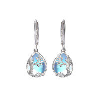 wholesale 925 Sterling Silver Tree of Life Moonstone Earrings for Women, Cross-Border Accessories, European and American Minimalist High-End Ear Hoop Earrings-Silver 925 silver