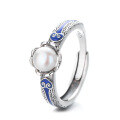wholesale S925 Sterling Silver Vintage Style Fashion Creative Resin Thai Blue Pearl Ring, Luxury Trendy Band-0-5