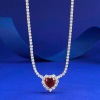 wholesale S925 Silver Women's Pendant Necklace with 8*8 Heart-Shaped Ruby Setting, Fashionable Anniversary Engagement-N065 Red Heart Necklace 925 Silver