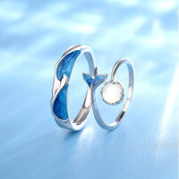 wholesale S925 Sterling Silver "The Rest of My Life is You" Couple Rings, Blue Enamel Mermaid Tail Shell Matching Bands, Wholesale Gift-Women's Rings