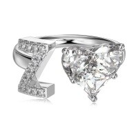 wholesale S925 Sterling Silver European and American Cross-Border Women's Ring with Personalized Letters, Heart, Zircon Inlaid, Adjustable Opening Silver Jewelry for Women-Platinum DY121174-SW-WH(Z) Adjustable opening