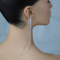 wholesale 925 Sterling Silver Single Long Tassel Drop Earrings, Ins Style Amazon Best-Seller Women's Cross-Border Earrings-White gold (single ear clip)  925 silver