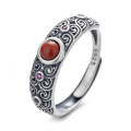 wholesale S925 Sterling Silver Vintage Antique Inlaid Southern Red Agate Exquisite Luxury Floral Openwork Adjustable Ring-0-4