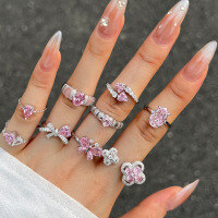 wholesale S925 Sterling Silver INS Style Women's Ring with Sweet Heart Pink Zirconia, Exquisite Butterfly Clover Design-DY120869-SW-BF>Adjustable opening