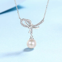 wholesale 925 Sterling Silver Freshwater Pearl Necklace for Women with Asymmetric Tie Pendant Design, Elegant Collarbone Chain for Wholesale and Drop Shipping-12.8 points/8mm round beads