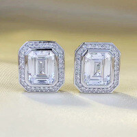 wholesale S925 silver new 8*10mm high-carbon diamond rectangular emerald-cut stud earrings, fashionable and versatile for women-E416 White Diamond &gt;925 Silver