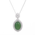 wholesale [925 Sterling Silver] Green Chrysoprase Cabochon Pendant Necklace for Women, New Chinese Style Minimalist Elegant Unique Collarbone Chain Gift-0-4