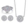 wholesale 925 Sterling Silver Jewelry Set 3-Piece, Pave Diamond Pink Diamond Ring, Zircon Earrings, Round Necklace for Women, High-End Wholesale-0-0
