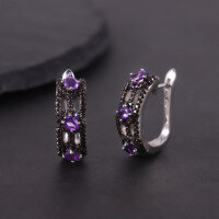 wholesale S925 sterling silver dark gothic-style earrings with group-set garnet, topaz, and crystal gemstones, hot-selling for foreign trade-Natural amethyst earrings