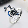 wholesale S925 Sterling Silver Vintage Bohemian French Style Enamel Plique-à-jour Blue Filled Hollow Rose Flower Ring, Unique Forest Series Ring-0-0
