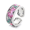 wholesale S925 Sterling Silver Retro Artistic Ethnic Style Classical Elegance Drip Glaze Blue Koi Lotus Adjustable Ring-0-4