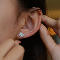 S925 Silver Earrings for Women, Round Stud Earrings with Moissanite Sunflower Design.-50 points (D color moissanite)  925 silver