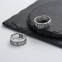 wholesale S925 sterling silver antique matte polished process six-word mantra unisex ring ethnic bohemian style-691J/polished about 5.7g>Opening adjustable