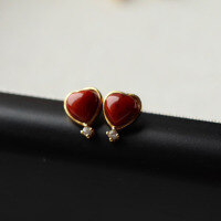 wholesale S925 Silver Natural Waxxi Material Flame Pattern Southern Red Heart Stud Earrings, Simple and Versatile Love Ear Accessories-Nanhong Heart-shaped Earrings 925 Silver