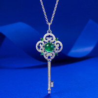 wholesale S925 Silver 60mm Agate Key Pendant Vintage Necklace for Women Live Streaming Style Dropshipping-N387 Green Key Necklace 925 Silver