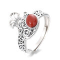 wholesale S925 sterling silver antique craft ethnic Chinese style coin pouch openwork inlaid with southern red agate ring-0-5