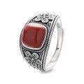 wholesale S925 Sterling Silver Cloud Pavilion Auspicious Cloud Flower Southern Red Agate Ring, Vintage Antique Style Adjustable Index Finger Ring with a Premium Feel-0-4