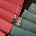 wholesale Gold-plated 925 Silver Enamel Bamboo Leaf Inlaid Hetian Jade Gourd Pendant Necklace, New Chinese Palace Style-0-3