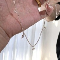 wholesale S925 Sterling Silver Jewelry, Sparkling Star Diamond Bead Round Pearl Necklace, Icy Four-Pointed Star Zircon Fringe Collarbone Chain-Silver 925 silver