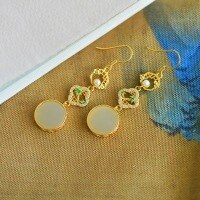 wholesale Sterling silver with certificate, cold enamel bamboo leaf earrings, new Chinese style window paper-cut long earrings, Hetian jade ear drops-Gold 925 silver