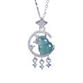 S925 Silver Natural Hazardous Blue Jadeite Butterfly Pendant-0-3