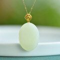 wholesale 18K Gold Certified Minimalist Hotan Jade Pendant with Prong Setting, Small Niche Luxury Large Cabochon Gemstone Necklace for Women-0-1