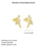 wholesale S925 Sterling Silver Small Leaf Earrings With Zirconia And Pearl Necklace Set, Featuring A Minimalist Branch Design-E5662_White zirconium_18K yellow plated_with small flower ear cap 925 silver