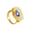 wholesale 925 Silver with Certificate Antique Gold Inlaid Hetian Jade Adjustable Open Ring Cold Enamel Lotus Gemstone Women's Ring-0-4