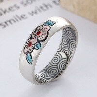wholesale S925 Sterling Silver Ethnic Style Resin Enamel Wide Band Adjustable Ring, Pastoral and Vintage Fashion, Versatile Opening Ring-YJ774/approx. 5.4g Adjustable opening