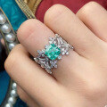 wholesale 925 Silver Zhuo Zhifan Jewelry New 8*8mm Lace-Inspired Green High-Carbon Diamond Ring Geometric Design European and American Style-0-3