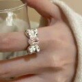 wholesale S925 Sterling Silver Galaxy Sweetheart Princess Bow Ring for Women, Fashionable and Unique Pinky Ring with Matte Finish and Adjustable Opening-0-3