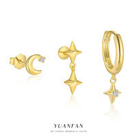 wholesale S925 Sterling Silver Wholesale Set of Star and Moon Micro-Inlaid Zirconia Earrings, Women's Unique Euro-American Design-Single set of three 925 silver