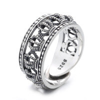 wholesale S925 Sterling Silver Retro Vintage Wide Crown Ring with Hollow-Out 3D Design, European and American Punk Style Personality Index Finger Ring-651J/approx. 4.1g Opening adjustable