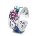 wholesale S925 Sterling Silver Retro Vintage Matte Craft Resin Enamel Lotus Koi Fish Double Fish Adjustable Ring-0-5