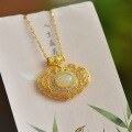 wholesale Gold-plated 925 Sterling Silver Hanfu Accessory Antique Filigree Ruyi Longevity Lock with Egg-Surface Hetian Jade Pendant-0-5
