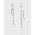 wholesale S925 Sterling Silver French Asymmetrical Line Pearl Earrings for Women, Niche, Unique, Elegant, and High-End-0-0