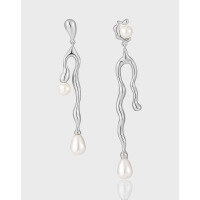 wholesale S925 Sterling Silver French Asymmetrical Line Pearl Earrings for Women, Niche, Unique, Elegant, and High-End-Platinum [with rubber earplugs] &gt; 925 silver