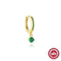 wholesale S925 Sterling Silver Natural Green Chrysoprase Hoop Earrings with European Retro French Style and Luxury Inlaid Diamonds-Single gold 925 silver