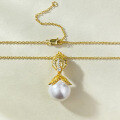 wholesale S925 Gold-Plated French Romantic Gold Leaf 12mm Pearl Pendant Neo-Vintage Necklace for Women-0-2