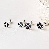 wholesale S925 Sterling Silver Four-Leaf Flower Petal Screw Earrings Minimalist Design Black Drop Heart Studs M06662-S925 silver pair 5mm>925 silver