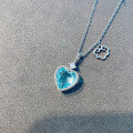 wholesale 925 Sterling Silver Aquamarine Heart Necklace for Women, Summer New Style with Micro-Inlaid Zircon Blue Heart-Shaped Collarbone Chain-0-0